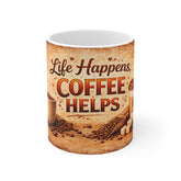 Coffee Mug – "Life Happens, Coffee Helps" Vintage Ceramic 11oz