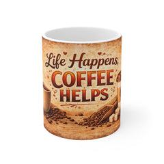 Coffee Mug – "Life Happens, Coffee Helps" Vintage Ceramic 11oz
