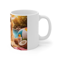 Golden Retriever Poolside Mug — Funny Dog Coffee Cup with Sunglasses & Snacks