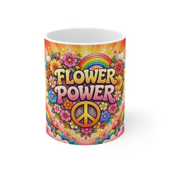 Flower Power Mug — Retro 70s Peace Sign & Rainbow Floral Coffee Cup