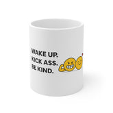 Motivational Emoji Coffee Mug - "Wake Up. Kick Ass. Be Kind." 11oz
