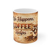 Life Happens Coffee Helps Mug — Vintage Coffee Lover Ceramic Cup