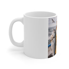 Fisherman Cat Coffee Mug – Cute Kitty in Raincoat Holding Fish and Beer (11oz)