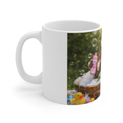 Cute Baby Monkey Bubble Bath Coffee Mug — 11oz White Ceramic Mug with Playful Rubber Duck Design