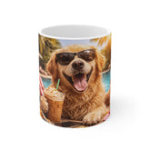 Golden Retriever Poolside Mug — Funny Dog Coffee Cup with Sunglasses & Snacks