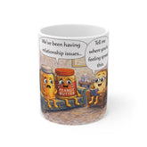 11oz Mug — Funny Peanut Butter & Jelly Therapy Cartoon Mug (‘Relationship Issues’ Dialogue)