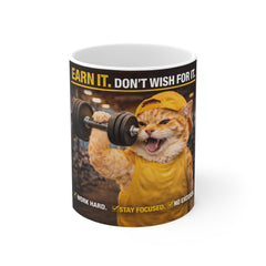 Motivational Cat Gym Mug - "Earn It. Don't Wish For It." 11oz Coffee Cup