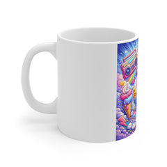 Retro Cool Chick Cartoon Mug — Cute Bubblegum Bird with Sunglasses & Boombox