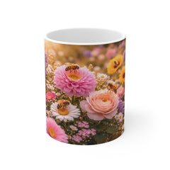 Floral Bee Garden Mug — Pink Ranunculus & Daisies 11oz Ceramic Coffee Cup