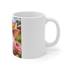 Funny Pig Party Mug — Colorful Clown Pig with Sunglasses, Lollipop & Donut 11oz Ceramic Coffee Cup