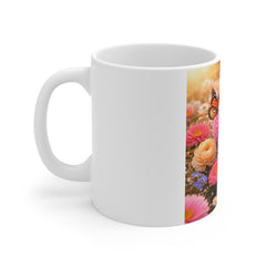 Butterfly Garden Mug — Floral 11oz Coffee Cup with Pink Daisies & Monarchs
