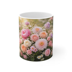 Pink Floral Bouquet Coffee Mug – Vintage Garden Flowers 11oz