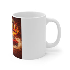 Built to Thrill Car Mug — Muscle Car Coffee Cup with Flaming Design