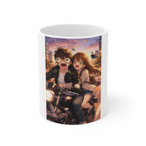 Anime Couple Motorcycle Mug — Romantic Sunset Ride Coffee Cup