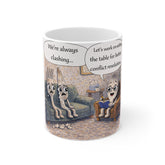 Conflict Resolution Mug — 'Let's Work on Setting the Table' Funny Spoon & Fork Cartoon Coffee Cup