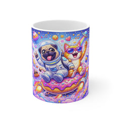Colorful Space Pug & Cat Mug — Cute Astronaut Pets on Donut Rocket 11oz
