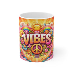 Vibes Peace Flower Power Mug — Retro Rainbow Sunshine Coffee Cup