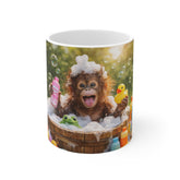 Cute Baby Monkey Bubble Bath Coffee Mug — 11oz White Ceramic Mug with Playful Rubber Duck Design