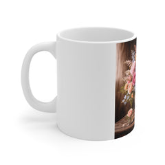 Vintage Floral Bouquet Mug — 11oz White Ceramic Coffee Cup