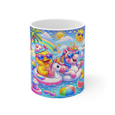 Cute Summer Unicorn & Duck Beach Mug — Colorful Rainbow Pool Float Coffee Cup (11oz)