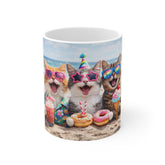Happy Beach Party Cat Mug — Cute Kittens with Sunglasses, Donuts & Birthday Treats