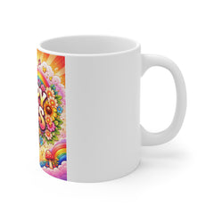 Happy Vibes Mug — Colorful Retro Sunflower & Peace Sign Coffee Cup
