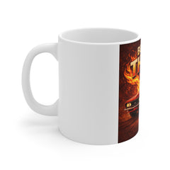 Built to Thrill Car Mug — Muscle Car Coffee Cup with Flaming Design