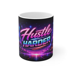Hustle Harder Mug — Retro Neon Motivational Coffee Cup