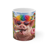Funny Pig Party Mug — Colorful Clown Pig with Sunglasses, Lollipop & Donut 11oz Ceramic Coffee Cup