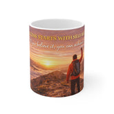 Inspirational Success Mug — "Success Starts With Self-Belief" Sunrise Hiker Coffee Cup
