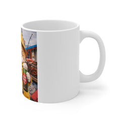 Fisherman Cat Coffee Mug – Cute Kitty in Raincoat Holding Fish and Beer (11oz)