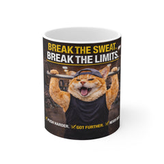 Motivational Gym Cat Mug — "Break the Sweat, Break the Limits" 11oz
