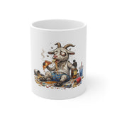 11oz Mug — Hilarious Drunk Goat Cartoon Coffee Cup (Pizza, Bottle & Chaos)