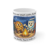 11oz Ceramic Mug — "You’re One Smart Cookie, Buddy" Cute Cookie & Milk Campfire Design