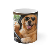 Golden Retriever Driving Coffee Mug – Funny Dog with Sunglasses Iced Coffee 11oz