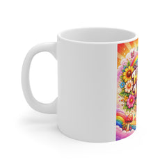 Happy Vibes Mug — Colorful Retro Sunflower & Peace Sign Coffee Cup