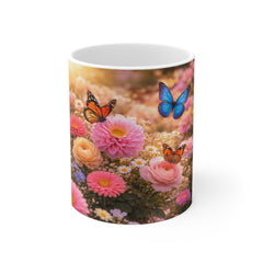 Butterfly Garden Mug — Floral 11oz Coffee Cup with Pink Daisies & Monarchs