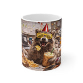 Raccoon Party Mug — Funny Cute Animal Coffee Cup with Sunglasses & Snacks