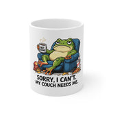 Coffee Mug — Funny Frog "Sorry, I Can't. My Couch Needs Me." Lazy Day Gift