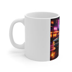 Retro Muscle Car Nightdrive Mug — Neon Cityscape 11oz Coffee Cup