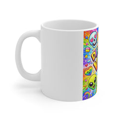 Different Vibes Colorful Cartoon Mug — Rainbow Kawaii Alien, Mushroom & Disco Design