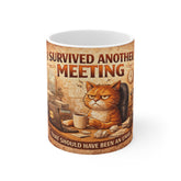 I Survived Another Meeting Mug — Funny Office Cat Coffee Cup, "That Should Have Been an Email" Gift