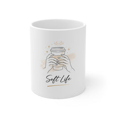 Soft Life Coffee Mug — Minimalist Hands Holding Cup Design