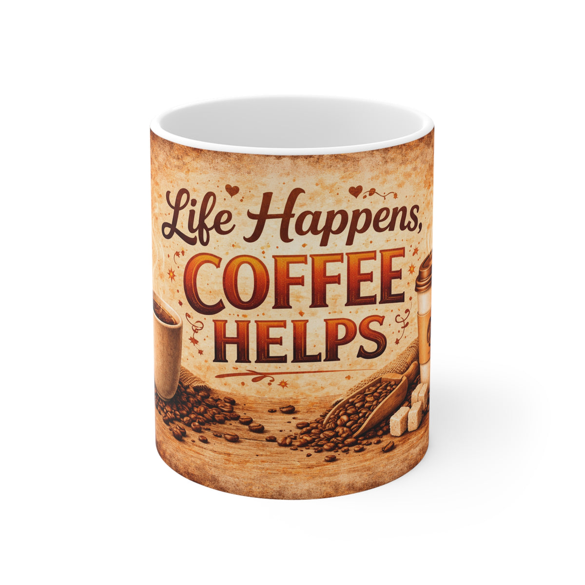 Coffee Mug – "Life Happens, Coffee Helps" Vintage Ceramic 11oz