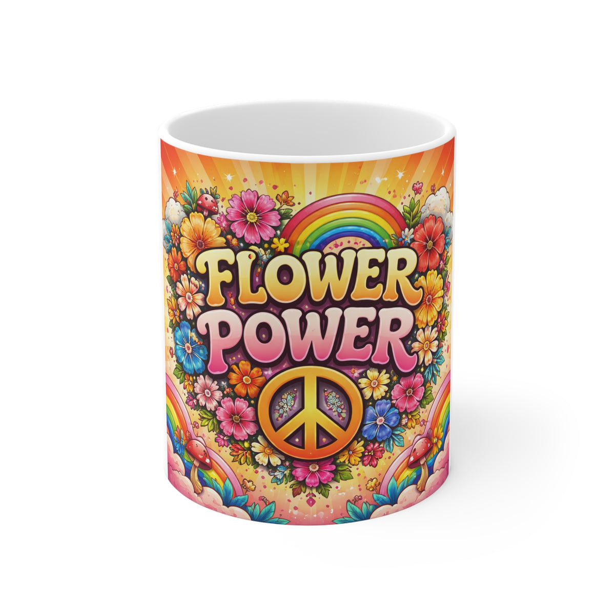 Flower Power Mug — Retro 70s Peace Sign & Rainbow Floral Coffee Cup