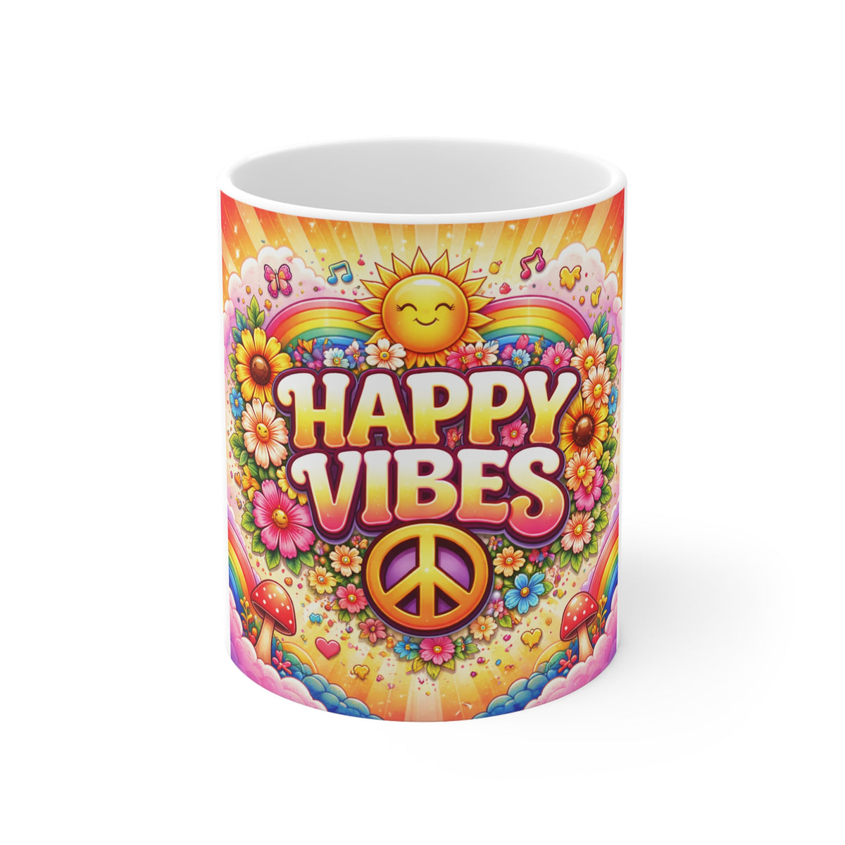 Happy Vibes Mug — Colorful Retro Sunflower & Peace Sign Coffee Cup
