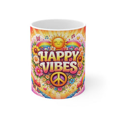 Happy Vibes Mug — Colorful Retro Sunflower & Peace Sign Coffee Cup