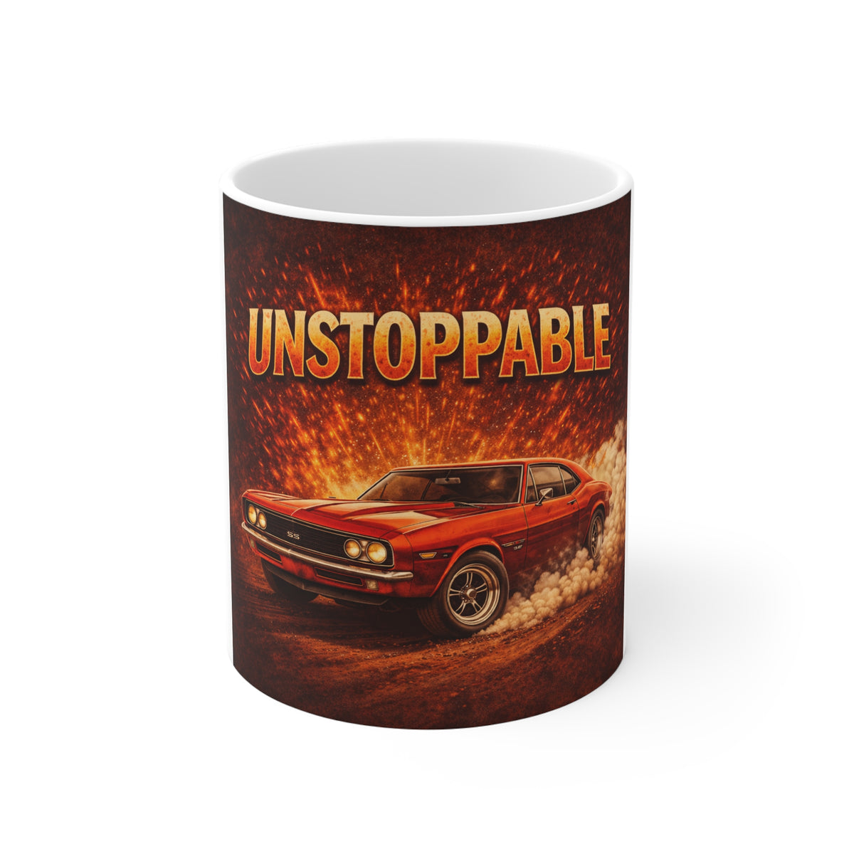 Unstoppable Muscle Car Mug — Retro Burnout Coffee Cup