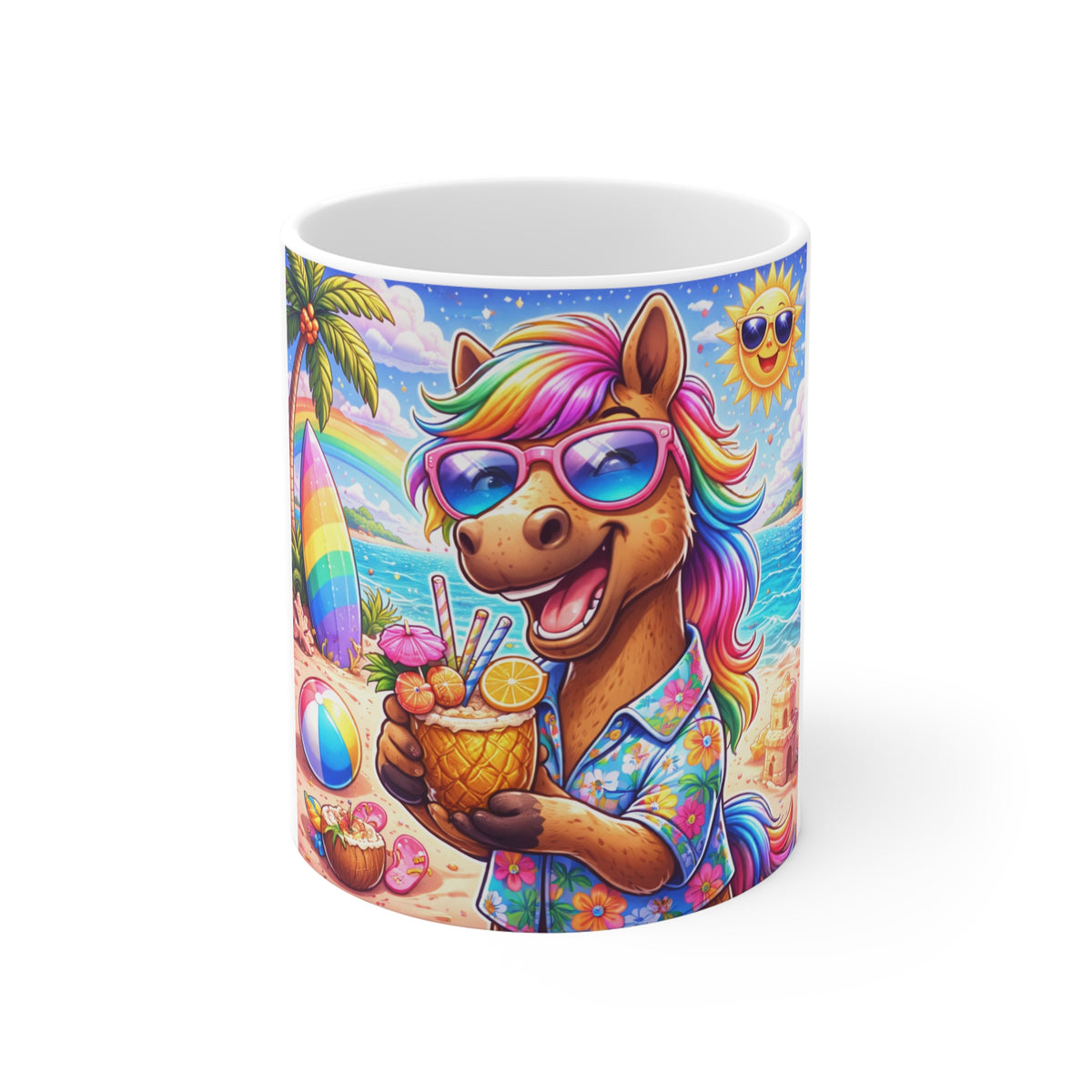 Summer Beach Horse Mug — Rainbow Pony Tropical Coffee Cup
