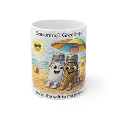Seasoning's Greetings Mug — "You're the Salt to My Pepper" Beach Couple Coffee Cup